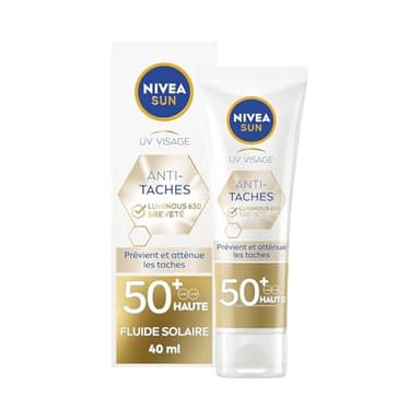 NIVEA SUN - Fluide UV Visage Anti Taches Luminous 630 FPS 50+ - Protection UVA/UVB - Réduit Les Taches Brunes - Acide Hyaluronique & Vitamine E - Non Gras, Rafraîchissant - Tous Types De Peaux - 50 ml