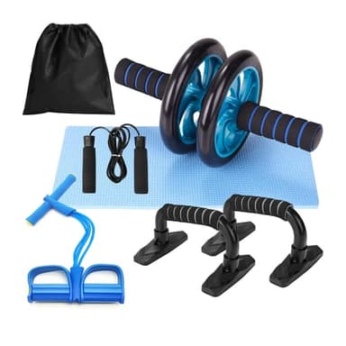 Appareils de Fitness 5 en 1 Roue Abdominale + Poignée de Pompe + Corde à Sauter + Bande de Résistance de Pédale + Tapis pour Genou. Kit Complet pour Fitness Exercices Musculation. K4706
