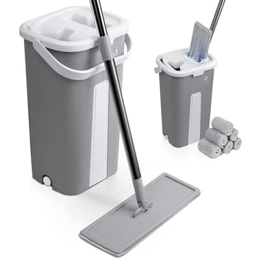 VOUNOT® Balai Microfibre et Seau Essoreur avec 6 Serpillères Réutilisables Balai Plat Seau Auto Lavage Double Compartiment Humide et Sec Manche INOX Rotatif 360° Tous Type de Sol Gris