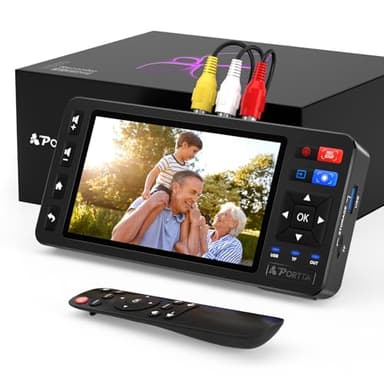 PORTTA VD20P Convertisseur VHS vers numérique avec écran HD de 5 Pouces, enregistreur de Capture vidéo converti en MP4 Compatible avec VHS, VCR, DVR, DVD, Hi8, Mini DV, caméscopes, Consoles rétro