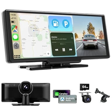 10,26 Pouces Ecran Carplay Voiture avec A-pple Carplay Android Auto sans Fil, Autoradio Bluetooth avec Caméra Avant 4K et Caméra de Recul 1080P HD/FM/AUX/64G TF/Mirror Link/Assistant Vocal/GPS