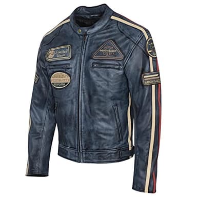 PRO FUTURE ASPIDEX Blouson moto en cuir pour homme, vintage, Custom & Café, de course, style Harley, bleu, XXL