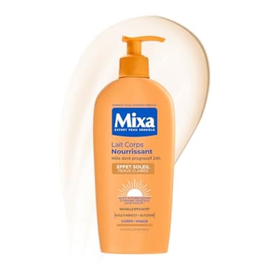 MIXA - Autobronzant - Lait Corps Nourrissant Effet Soleil - Hâle Doré Progressif 24H - Beurre de Karité & Huile d’Abricot - Peaux Claires - 250ml