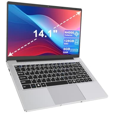 Ordinateur Portable 14 pouces 2 cœurs (jusqu’à 2,6 GHz) PC Portable 6 Go DDR4 128 Go SSD, WiFi 5G, Mini-HDMI, Design Sans Ventilateur Computer, Idéal pour Étudiants, Entreprise – Souris Incluse