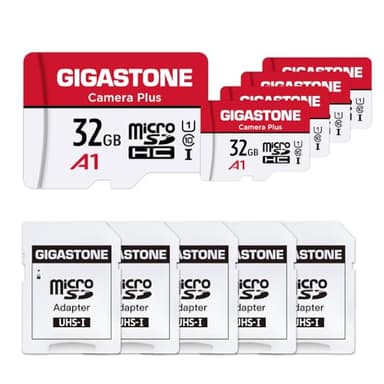GIGASTONE Carte Mémoire 32 Go Lot de 5 Cartes, Caméra Plus Série, Vitesse allant jusqu'à 90 Mo/s. idéal pour Full HD Video Gopro Drone Caméra, U1 Carte Micro SDHC avec Mini Coque et Adaptateur
