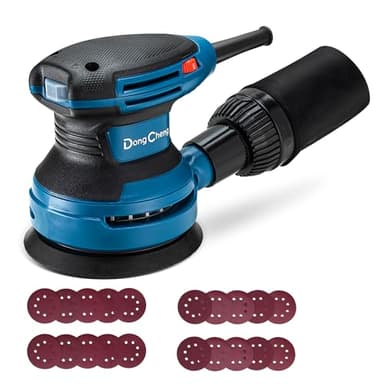 DongCheng Ponceuse Excentrique 380W Professionnelle,20 Disques Abrasifs et Sac à Poussière, Compatible Aspirateur,125mm Ponceuse orbitale,6 Vitesses 8000-12800 tr/min pour le Ponçage Bois et Finitions