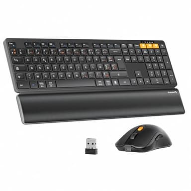 ProtoArc Pack Clavier Souris sans Fil, KM60 Rechargeable Clavier Bluetooth avec Repose-Poignet, Pleine Taille, 2,4G + 2*Bluetooth, pour Portable, PC, Mac, Windows, AZERTY Français - Noir