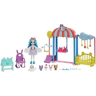 Enchantimals Coffret Garderie des avec poupée Starley Cigogne, Figurine Bouncer, 4 Figurines Amis Bébés Animaux et Plus, Jouet Enfant, Dès 3 Ans, HLH23