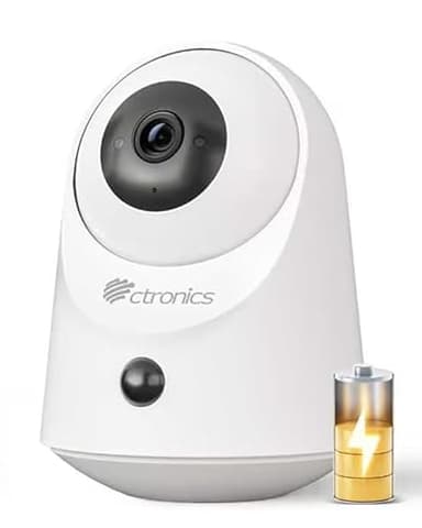 Ctronics Caméra Surveillance Intérieure sans Fil Batterie, WiFi 2.4/5GHz, 2K Vision Nocturne Infrarouge 20 m, Accès PC/App, 128Go/Cloud Stockage, Détection PIR, Audio Bidirectionnel