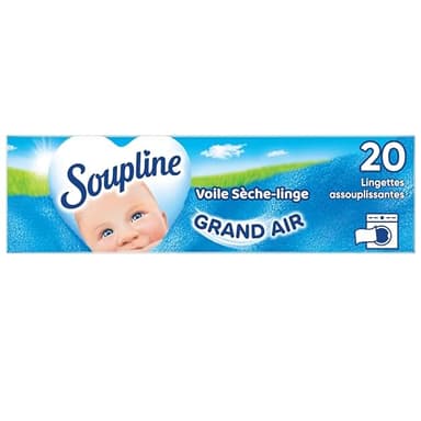 SOUPLINE Voiles Sèche-Linge Adoucissants Grand Air, Parfume le Linge de Maison, Parfum Longue Durée,Complément Idéal à Votre Lessive et à Votre Adoucissant Linge, 20 Lingettes Soupline Grand Air