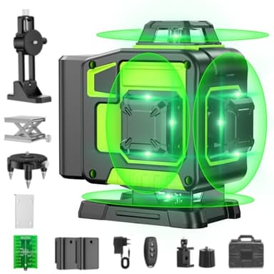 Niveau Laser Chantier Autonivelant 360° x 4, Lazer Niveaux 4D 16 Lignes Laser, Autonivellement et Mode Pulsé Extérieur, 2 x Batterie, Nivellement Automatique, Support Rotatif, Télécommande