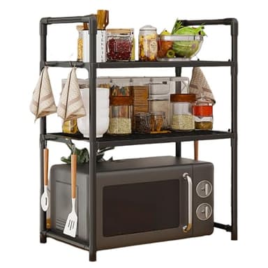 Étagère réglable pour micro-ondes avec crochets - Support de cuisine robuste pour four à micro-ondes, imprimante et plus encore - Économie d'espace - Étagère de rangement