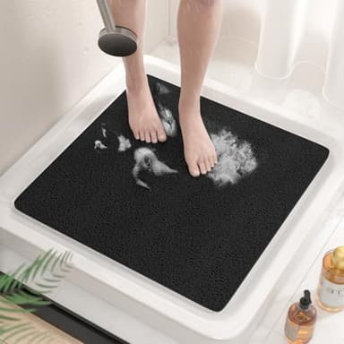 HITSLAM Tapis de Douche Antiderapant, 53x53cm Tapis de Baignoire Antidérapant sans Ventouse, Doux PVC Luffa Tapis de Bain pour Salle de Bain, Séchage Rapide, Drainage Efficace, Noir