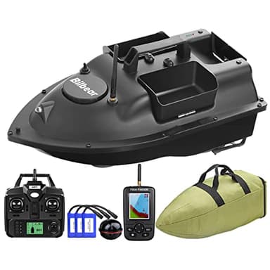 GPS Bateau Amorceur,télécommandé Bateau d'appât,3 trémies Bateau d'appât de pêche,Pêche à la Carpe,Sondeurs LCD avec capteur Sonar,Piles de Rechange,Sac à Main (Bateau Noir avec sondeur)