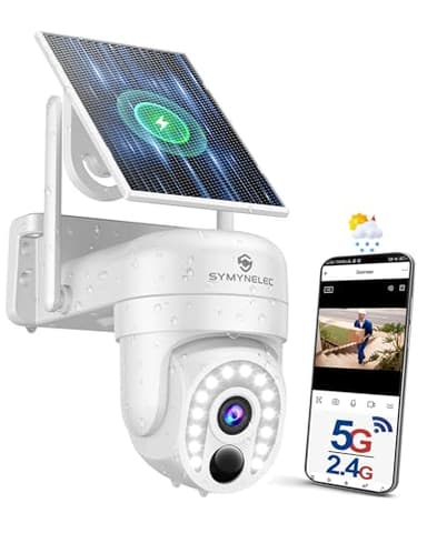 SYMYNELEC Camera Surveillance WiFi Exterieure sans Fil Solaire, 5GHz/2,4GHz Caméra WiFi 2K 360° avec Panneau Solaire, Vision Nocturne Couleur, AI Détection Humaine, Sirène, Compatible Alexa, IP65