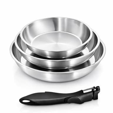 Set de 3 Poêles en Inox Haute Qualité - Induction & Four, Poignée Amovible, Cuisson Saine - 20/24 / 28 cm