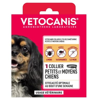 Vetocanis - Collier Anti Puces pour Chien - Traitement Antiparasitaire Chien Petits et Moyens - Collier à la Deltamethrine - Prévention Infestation et Piqûres de Parasites - 0,77 G