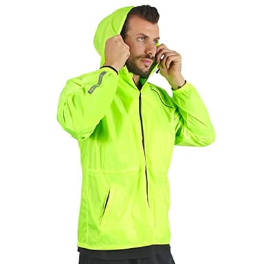 PERLETTI Veste Homme Impérmeable à Capuche Détails Réfléchissants - Coupe Vent Homme Résistant Léger Sport Running Pliable - Poncho Veste de Pluie Neige Impermeable Voyage Fluo Hiver (Jaune, L)