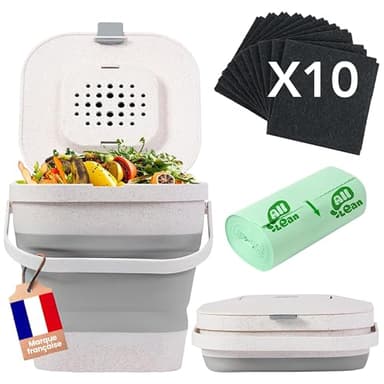 Composteur de Cuisine sans Odeur avec 10 Filtres à Charbon - Poubelle à Compost 4L pour Cuisine & Appartement – Kit avec Seau + 10 Filtres Anti-Odeur + 25 Sacs Poubelle + Guide Compost (Grise)
