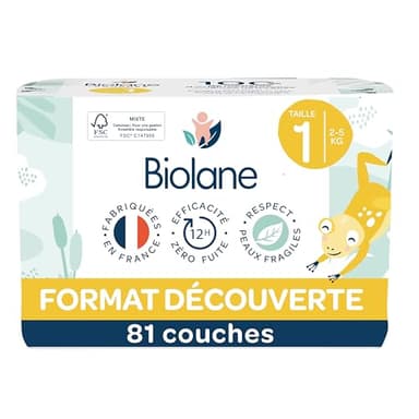 BIOLANE - Couches bébé taille 1 - (2-5 kg) - Peaux Sensibles - Ultra-Absorbant, Pas de Fuite, jusqu'à 12h au Sec - Confort & Protection - Demi pack 81 couches - Fabriqué en France