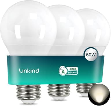 Linkind Ampoule LED E27 Classe Énergétique A 806lm, 3,8W=60W, Blanc Neutre 4000K, 50000H Durée de Vie, Non Dimmable, Ampule A60 Edison, Angle 220°, Mat, Lot de 3