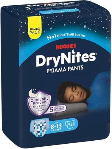 HUGGIES DryNites®, sous-vêtements de nuit ultra-absorbants, 8/13 ans Garçons (30-48 kg), 4x13 culottes ; la solution idéale, pour les enfants qui font pipi au lit, adapté à la morphologie des garçons
