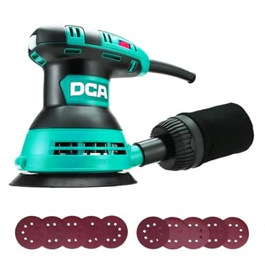 DCA Ponceuse Excentrique 300W, 6 Vitesses 12000RPM Ponceuse Orbitale, avec 0.3L Collecteur de Poussière, 10Pcs 125MM Disque Abrasif pour Surfaces en Bois et Acier, Ponçage et Polissage du Bois, DIY