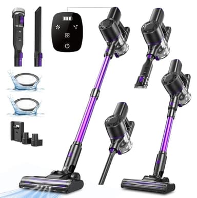 Aspirateur Balai sans Fil, 450W/40Kpa/60 Mins, Aspirateur sans Fil avec Écran LED, Filtration Cyclonique 4 Étapes, Aspirateur pour Tapis,Sols Durs,Poils d'animaux,Aspirateur Balai Léger,Violet