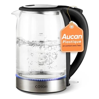 COSORI Bouilloire Électrique en Verre, 1,7L, 2200 Watt, Filtre en acier inoxydable, Couvercle intérieur et fond, Ébullition rapide, Arrêt automatique, Protection contre la combustion à sec, Sans BPA