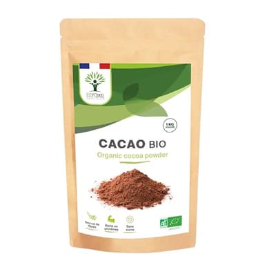 BIOPTIMAL - Cacao Bio en Poudre - Boisson Chaude Pâtisserie - Goût Intense - Sans sucre - 100% Fève de Cacao - Conditionné en France - Certifié par Ecocert - 1kg