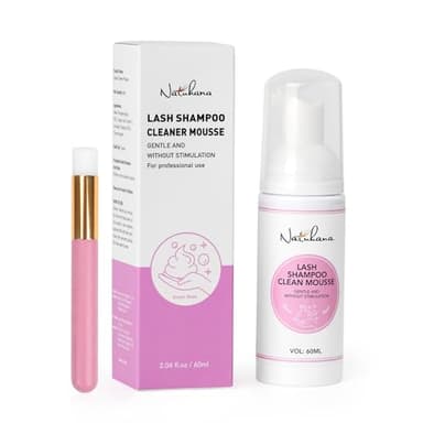 Natuhana Shampoing Cils Extension 60ml + Brosse, Mousse Nettoyant pour Lash Extension, Sans Paraben ni Sulfate Salon et Soins à Domicile