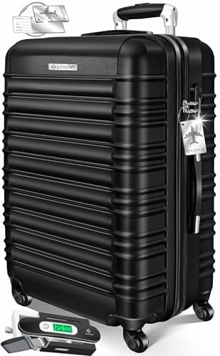 Kesser® Valise de voyage, incl. Balance pour bagages + Étiquette pour bagages, Trolley, Valise, Serrure à combinaison, Coque rigide en ABS, Noir , 66cm - 84L