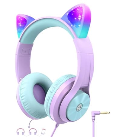 iClever Casque Audio Enfant, Oreilles de Chat Lumineuses LED, Volume Limité à 85dBA, Port partagé, pour Enfants/Ecole/iPad/Tablette Voyage