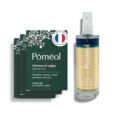 PACK CHEVEUX FINS & CASSANTS | Complément Alimentaire pour cheveux + Sérum Régénérant | Spécial Volume & Densité, épaisseur & Gainage | Accélère la Croissance | 90 jours | POMÉOL