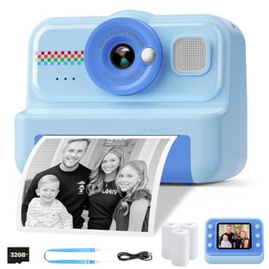 HiMont Appareil Photo Instantané Enfants, 1080P Appareil Photo Numérique Enfant & Caméra Vidéo avec Carte de 32GB & 3 Rouleaux de Papier d'impression, Cadeaux pour Garçons & Filles de 3 à 12 Ans