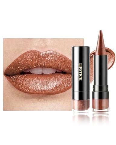 Rouge a Levre Pailleté Métallique, Rouge à Lèvres Marron Brillant Mat Longue Tenue Waterproof, Lip Stain Haut Pigment Sans Transfert, 2 in 1 Crayon Levre Fard a Paupiere Paillette, Maquillage Femme-01