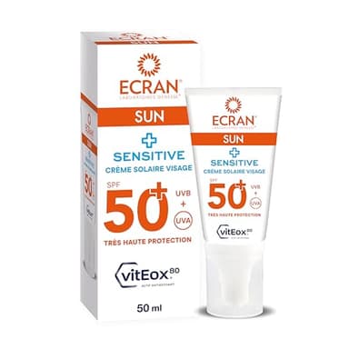 ECRAN® - Crème Solaire Visage Peaux Sensibles - Très Haute Protection - Technologie vitEox80 - Vitamine E - Protection UVA, Lumière Bleue, Coups de Soleil - Protection Solaire SPF 50+