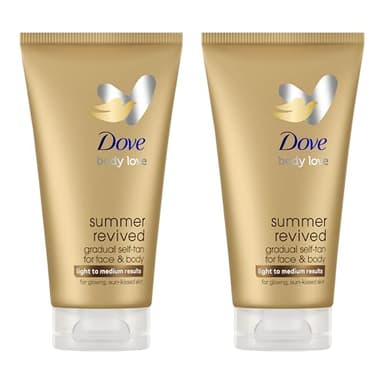Dove Lotion Autobronzante Visage & Corps Summer Revived, Pour Peaux Claires et Moyennes, Bronzage Progressif, Finition Naturelle, Peau Lumineuse, Hydratation 72H, Avec Extrait d'Aloe Vera, 2x 75ml