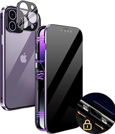 MIMGOAL Anti Spy Coque pour iPhone 14 Pro Max Magnétique étui Anti Espion Vitre Protection Case Privacy Housse Métal Bumper 360 Full Body Protection Transparent Cover Violet