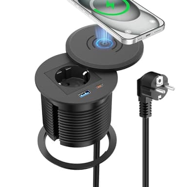 Sewingvr Bloc multiprise encastrable avec Charge sans Fil 15 W et USB-C PD30W, Prise escamotable pour Plan de Travail de Cuisine, Câble 2 m, Ø80 mm, Noire