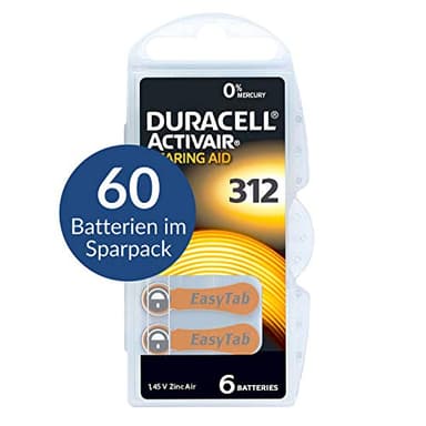 Duracell Activair Lot de 60 Piles pour appareils auditifs Type 312 Marron – Mercury Free 0% HG