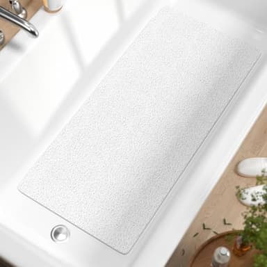HITSLAM Tapis de Baignoire Antidérapant, 88 x 40cm Long Tapis de Douche Antiderapant, Loofah en PVC Souple Tapis Antidérapant Baignoire, sans Ventouse Tapis de Bain, Séchage Rapide, Blanc