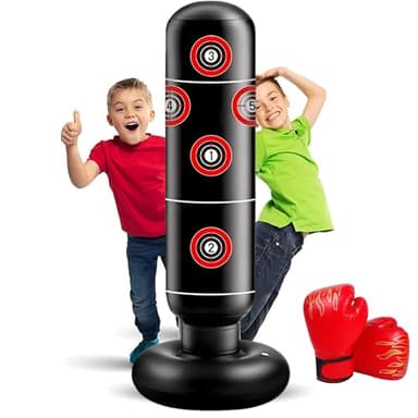 EIVONDA Sac de Boxe Enfant 165cm Gonflable Sac de Frappe avec Gants de Boxe pour Pratiquer Le MMA Karaté Taekwondo et Soulager L'énergie Refoulée Version 2025 (Noir)