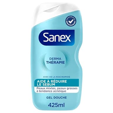 SANEX - Derma Thérapie - Gel douche anti-acné réduisant la production de sébum - Peaux mixtes à grasses - Complexe d’acides aminés et niacinamide - Préserve la barrière cutanée - 425ml