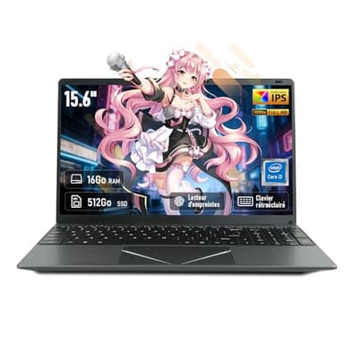 unbholkk Ordinateur Portable 15,6", Processeur Core i3-6100, 16Go RAM 512Go SSD, PC Portable Étudiant FHD IPS avec Clavier rétroéclairé, Empreinte Digitale, USB 3.0, Wi-FI 5, HDMI, BT5.0, Win11, Gris