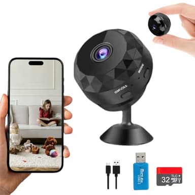 Caméra espion WiFi intérieure (2,4 GHz)(HD) + SD 32 Go | Mini caméra cachée sécurité | Capteur de mouvement | Surveillance pour bébé, chien, voiture | Sans fil à batterie, sans fil