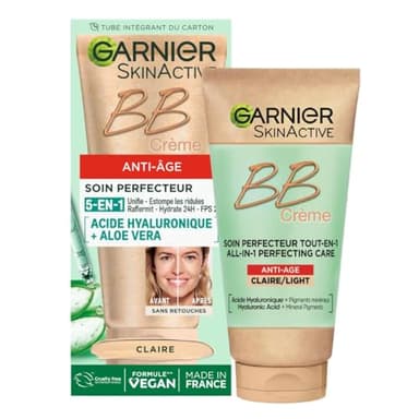 GARNIER Skin Active - BB Crème Anti-Âge - Soin Perfecteur Tout-En-1 - Raffermit & Hydrate - FPS 25 - Acide Hyaluronique & Aloe Vera - Vegan & Cruelty Free - Tous Types de Peaux - Teinte Claire - 50 ml