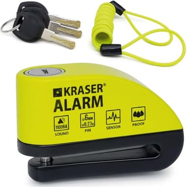 KRASER WA6Y Antivol Moto, Bloque Disque Alarme 110db, Renforcé, 3 clés (2 autres) Serrure Haute Sécurité, Étanche, Câble Rappel 1.5m, Sac, Piles Rechange, Bloc Frein 6mm Universel Moto Scooter Vélo