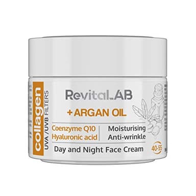 RevitaLAB - Crème de jour et de nuit au collagène hydratante et anti-âge, enrichie en acide hyaluronique, coenzyme Q10, huile d’argan et filtre à rayons UVA/UVB, pour personnes de 40 à 55 ans, 50 ml