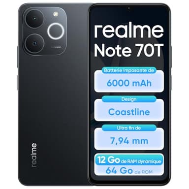 realme Note 70T Smartphone 4+64 Go, écran HD 90 Hz de 6,75 Pouces, Batterie Grande Capacité 6000 mAh, Protection ArmorShell, Processeur Octa-Core T7250, Next AI, IP54, Obsidienne Noire, sans Chargeur